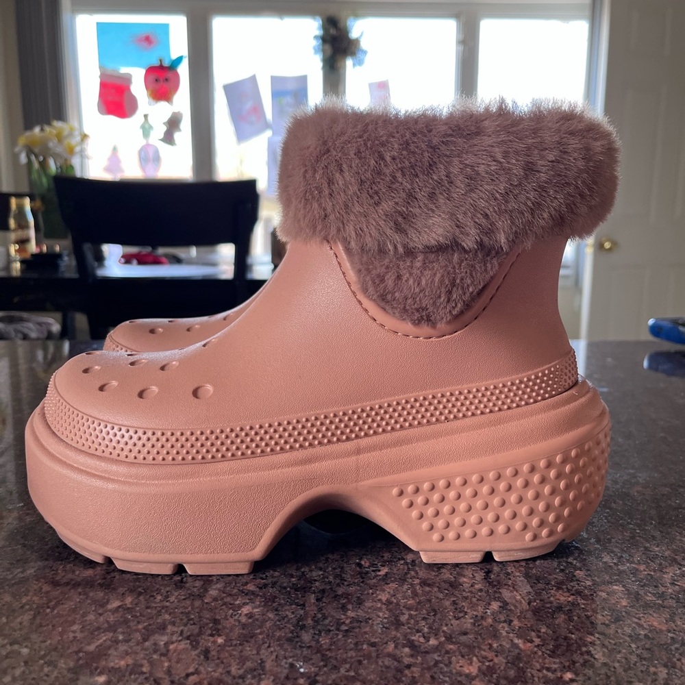 CROCS Tan and Brown Plush Fur-Lined Mules STOMP